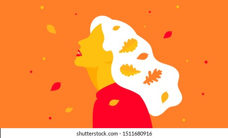 Autumn leaf fall. Girl and falling autumn leaves. Abstract woman with white hair and in warm clothes. The concept of walking in the park, meditation and pleasure.