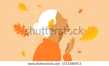 Autumn leaf fall. Girl and falling autumn leaves. Abstract woman with white hair and in warm clothes. The concept of walking in the park, meditation and pleasure.