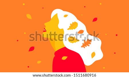 Autumn leaf fall. Girl and falling autumn leaves. Abstract woman with white hair and in warm clothes. The concept of walking in the park, meditation and pleasure.
