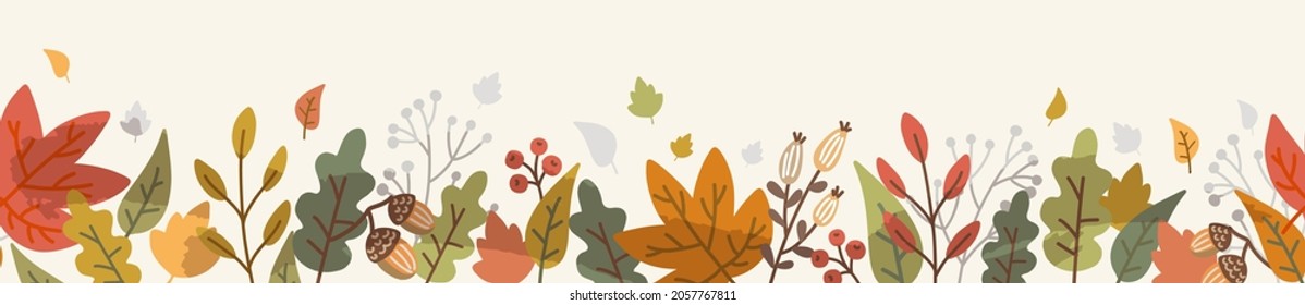 Autumn leaf fall horizontal banner. Thanksgiving and Harvest Day. Seamless border with hand drawn cute colorful leaves. Vector illustration 