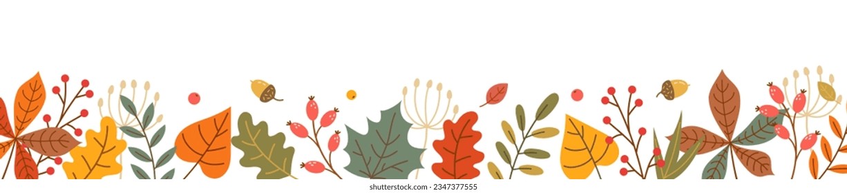 Autumn leaf fall horizontal banner. Thanksgiving and Harvest Day. Border with hand drawn cute colorful leaves. Vector illustration.