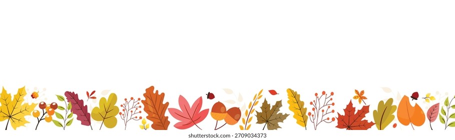 Otoño otoño otoño otoño Anuncio Horizontal. Acción de Gracias y Día de la Cosecha. Borde con hojas coloridas lindas dibujadas a mano. Ilustración vectorial.