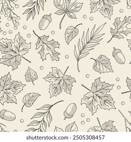 Autumn leaf fall monochrome seamless pattern with petals and twigs or acorns for books about botany and ecology vector illustration