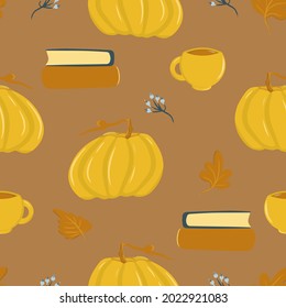 Autumn leaf fall pattern, pumpkin and twigs with berries. Cartoon illustration, simple and flat style. Autumn collection of elements for creating fabric, wrapping paper, covers and more, Print