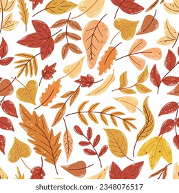 Autumn leaf fall seamless pattern. Background of bright colorful falling leaves. Foliage beautiful print for textile, fabric, paper, design, vector illustration