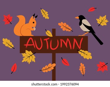 autumn leaf fall. a swirl of leaves. wooden sign with the inscription. vector illustration.