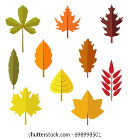 Autumn leaf flat design set. Green, red and orange fallen autumn leaves collection. Maple, oak, birch, chestnut and other vector leaves isolated on a white background