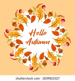 Autumn leaf, flower, grass, plant frame background vector illustration. Circle shape, seasonal, colorful, celebration, nature. Abstract design. Used for media, symbol, sign, card, print. Isolated.