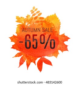 Autumn leaf foliage watercolor. Autumn sale - 65 % off . Fall sale. Web banner or poster for e-commerce, on-line cosmetics shop, fashion & beauty shop, store. Vector illustration. EPS 10