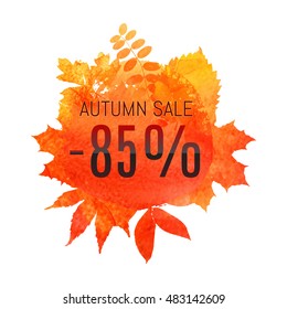 Autumn leaf foliage watercolor. Autumn sale - 85 % off . Fall sale. Web banner or poster for e-commerce, on-line cosmetics shop, fashion & beauty shop, store. Vector illustration. EPS 10