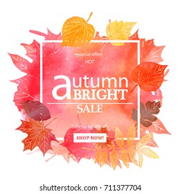 Autumn leaf foliage watercolor .Autumn sale. Fall sale. Web banner or poster for e-commerce, on-line cosmetics shop, fashion beauty shop, store. Vector illustration. EPS 10