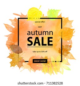 Autumn leaf foliage watercolor .Autumn sale. Fall sale. Web banner or poster for e-commerce, on-line cosmetics shop, fashion beauty shop, store. Vector illustration. EPS 10