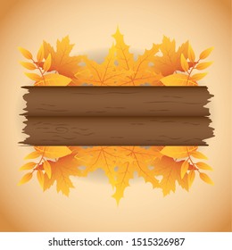 autumn leaf foliage with wooden label seasonal icon vector illustration design