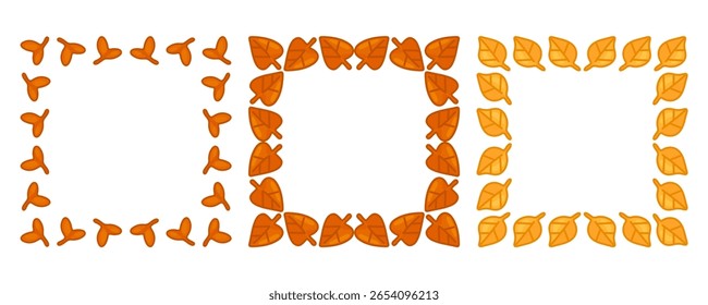Autumn Leaf Frame Trio Design. Três quadros retangulares feitos de folhas e brotos de desenhos animados laranja e amarelo. Ilustração sazonal plana sobre fundo branco.
