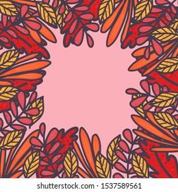 Autumn leaf frame in vintage style with pink backdrop. Colorful nature vector background. Concept fall advertising.