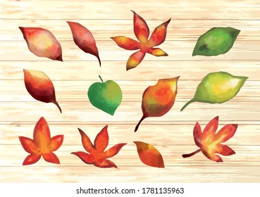 Autumn leaf icon set on woodgrain background material
