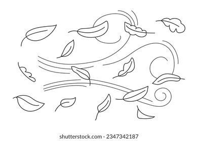 Autumn leaf line sketch vector. Wind doodle blows. Leaf falls down. Strong gust of wind. Air weather hand drawn style. 	
Doodle autumn weather. Line art the wind carrying fallen leaves