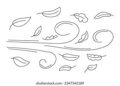 Autumn leaf line sketch vector. Wind doodle blows. Leaf falls down. Strong gust of wind. Air weather hand drawn style. 	
Doodle autumn weather. Line art the wind carrying fallen leaves