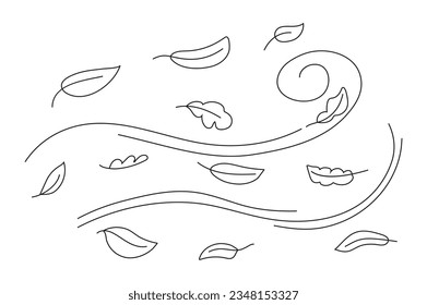 Autumn leaf line sketch vector. Wind doodle blows. Leaf falls down. Strong gust of wind. Air weather hand drawn style. 	
Doodle autumn weather. Line art the wind carrying fallen leaves