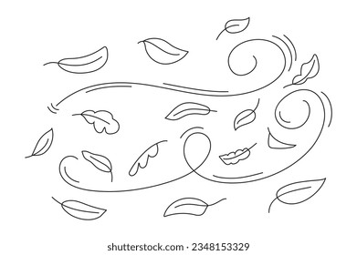 Autumn leaf line sketch vector. Wind doodle blows. Leaf falls down. Strong gust of wind. Air weather hand drawn style. 	
Doodle autumn weather. Line art the wind carrying fallen leaves