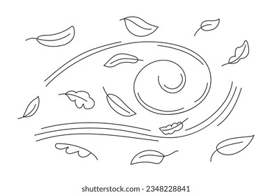 Autumn leaf line sketch vector. Wind doodle blows. Leaf falls down. Strong gust of wind. Air weather hand drawn style. 	
Doodle autumn weather. Line art the wind carrying fallen leaves