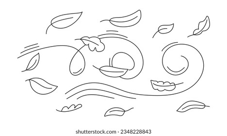 Autumn leaf line sketch vector. Wind doodle blows. Leaf falls down. Strong gust of wind. Air weather hand drawn style. 	
Doodle autumn weather. Line art the wind carrying fallen leaves