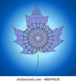 autumn leaf mandala on blue background made of small dots. Vector illustration