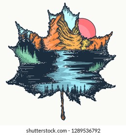 Autumn leaf and mountains tattoo and t-shirt design. Symbol of tourism, adventure, outdoors, nature, fall and travel 