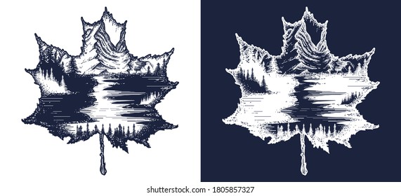 Autumn leaf and mountains tattoo and t-shirt design. Symbol of nature, fall, travel, tourism, adventure, outdoors. Black and white vector graphics 