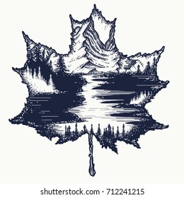 Autumn leaf and mountains tattoo and t-shirt design. Symbol of nature, fall, travel, tourism, adventure, outdoors 