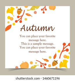 Autumn leaf, mushroom and forest berry poster. Fallen leaves of maple, oak and chestnut with acorn branch, cep mushroom, fly agaric, chanterelle and red rowanberry fruit for fall season design
