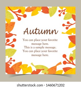 Autumn leaf, mushroom and forest berry poster. Fallen leaves of maple, oak and chestnut with acorn branch, cep mushroom, fly agaric, chanterelle and red rowanberry fruit for fall season design