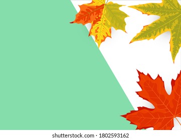 Autumn leaf on a blue and white background. Minimal concept. Place for text. Great for sale, party invitation, web, fall festival, Happy Thanksgiving day. Vector illustration