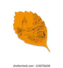 Autumn leaf on which is depicted Galata Tower.Street cafe. Istanbul. Turkey. Urban sketch. Hand drawn, vector illustration