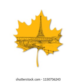 Autumn leaf on which is depicted Eiffel Tower. Paris, France. Hand drawn vector illustration