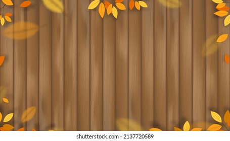 Autumn leaf on wood background,Vector illustration natural wild leaves twigs climbing on brown fence plank.Fall backdrop banner with Wooden board panel with branches orange and yellow leaves border 