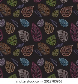 Autumn leaf outlines, seamless pattern. Blue, brown, gold, green, red color scheme on dark background. Line art drawn texture. Vector