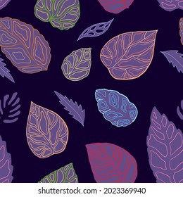 Esquemas de hojas de otoño, patrón sin fisuras. El azul, el marrón, el dorado, el verde, el rojo y el violeta en un fondo azul oscuro. Textura dibujada en línea, vector de impresión