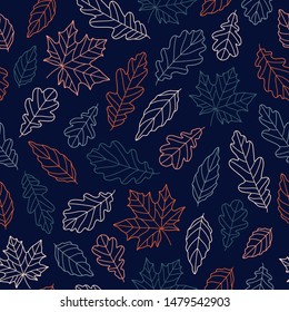 Autumn leaf outlines, seamless vector repeat pattern. Blue and red color scheme on dark background. Clean design elements.