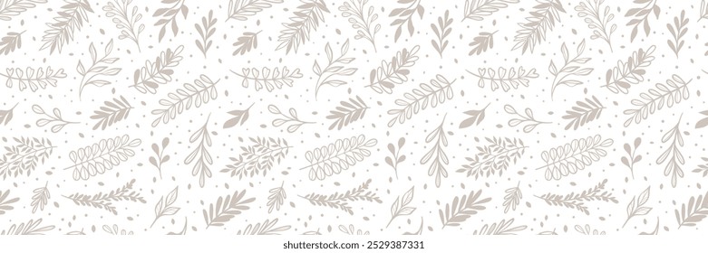 Autumn leaf pattern banner, seamless repeating minimalist print, white and brown cover design, endless tile
