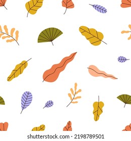 Autumn leaf pattern. Seamless botanical background design with repeating foliage print. Fallen leaves endless texture. Modern printable colored flat graphic vector illustration for fabric, wrapping