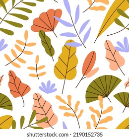 Autumn leaf pattern. Seamless fall background with abstract foliage, leaves. Endless floral botanical texture design, repeating print. Stylized flat vector illustration for textile, wallpaper