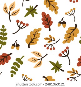 Autumn leaf pattern. Seamless fall background with abstract foliage, leaves. Endless floral botanical texture design, repeating print. Stylized flat vector illustration for textile, wallpaper