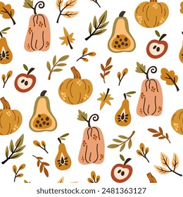 Autumn leaf pattern. Seamless fall background with abstract foliage, pumpkins, leaves. Endless floral botanical texture design, repeating print. Flat vector illustration for textile, wallpaper