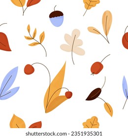 Patrón de hojas de otoño. Fondo natural sin inconvenientes con ramas de árboles abstractas, hojas, bellotas, bayas. Diseño de textura foliage de caída. Ilustración vectorial plana con textura acuarela