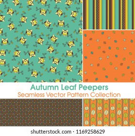 Autumn Leaf Peeper Seamless Vector Pattern Collection. Great owls print and supporting retro colored patterns perfect for back to school. Repeating patterns are great for backgrounds.