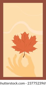 Autumn leaf poster template in hand. Vector drawing in autumn colors. Design element.