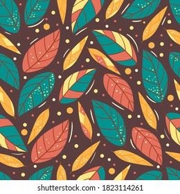 Autumn leaf seamless pattern. Colorful leaves background. Hand-drawn vector illustration. Print design for textile, wrapping.
