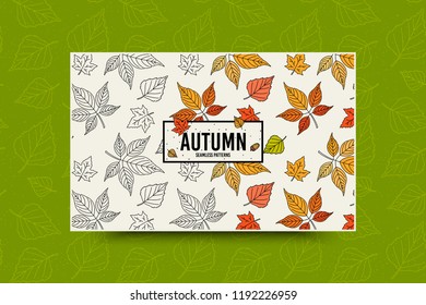 Autumn leaf seamless pattern. Fall leaves texture. Seasonal web banner template with leaf pattern. Frame with acorn and autumn leaves. Leaflet with copy space for text. Fall season decoration. Vector