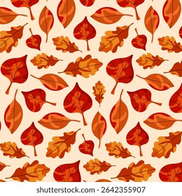 Autumn leaf seamless pattern. Fall season nature background with red and orange foliage. Harvest theme for Thanksgiving card design.